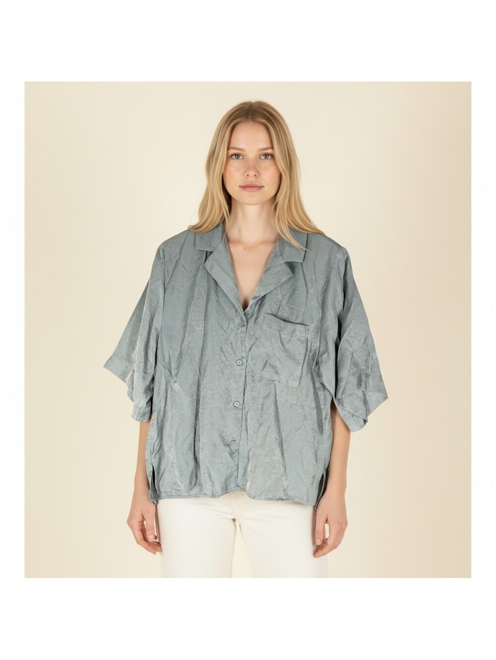 H&M Shirt Women M Medium Gray Button Up Collared Short Sleeve Pockets Casual